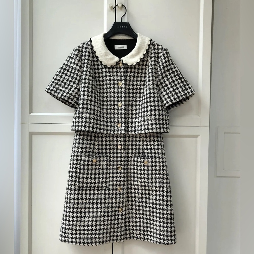 Sandro Collared Houndstooth Tweed Patchwork Mini Dress